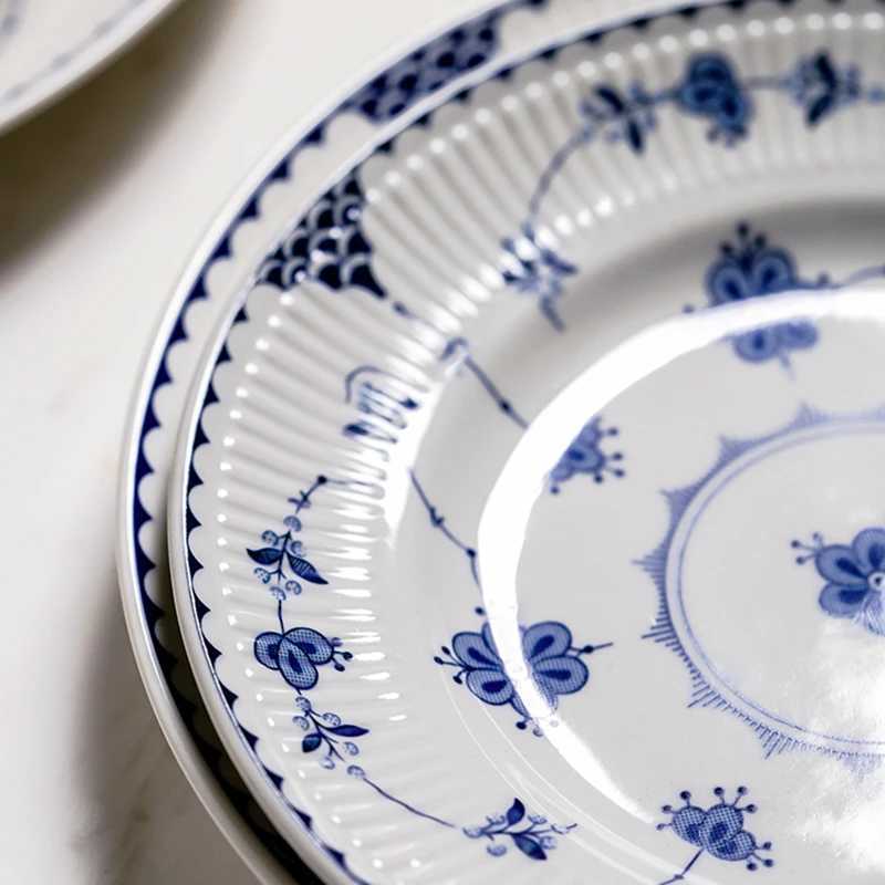Vintage blue and white ceramic plate set coffee cup dessert rice bowl dinner plate set Instagram celebrity X250129
