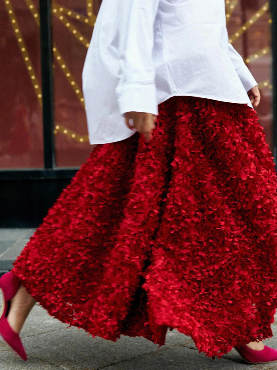 Autumn Flower Petal Long Skirt High Waist Elegant Evening Party Red Maxi Skirt Streetwear Fashion Vintage Faldas Bottom 250118
