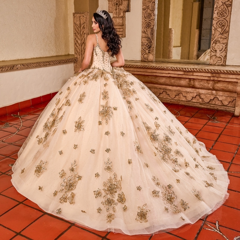 Champagne Quinceanera Dresses Ball Gown Spaghetti Strap Applique Lace Beads Tull Party Birthday Sweet 16 Dress Vestidos De 15 Anos