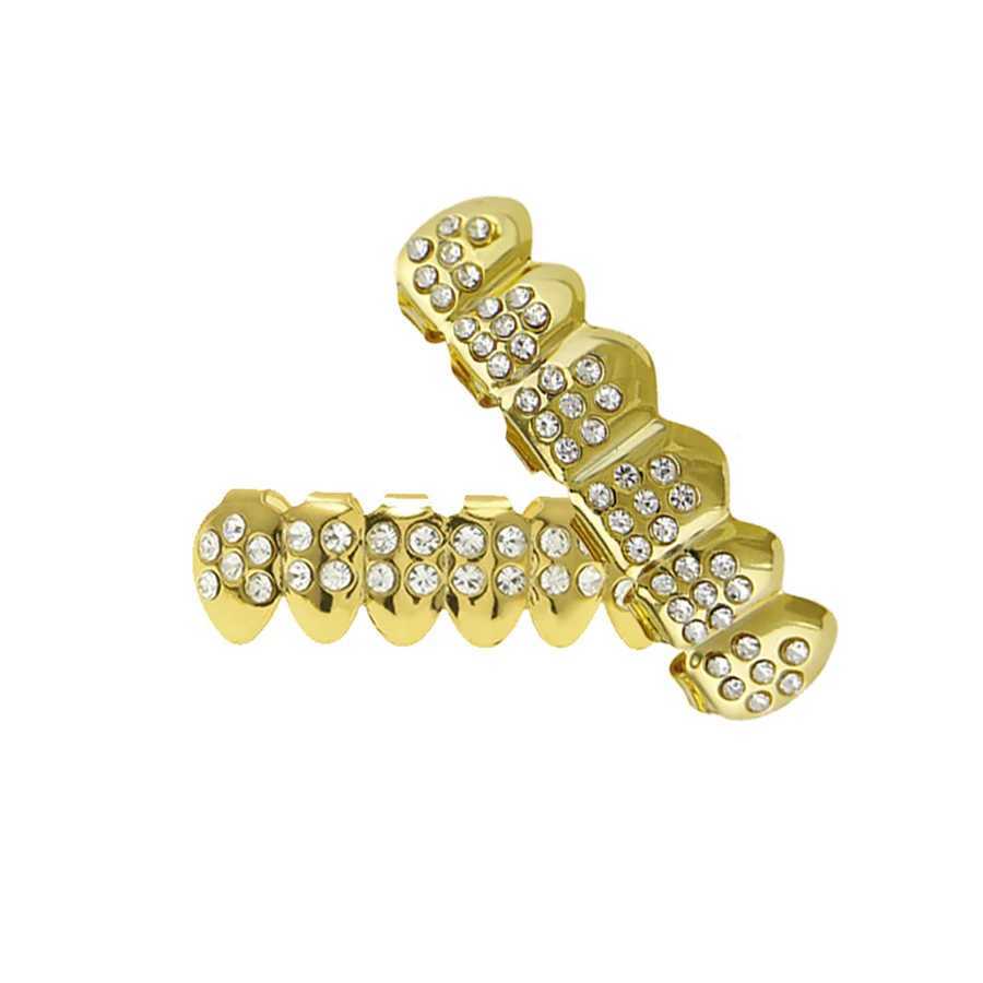Gold Plated Iced Out CZ Teeth Grillz For Unisex Bling Full Zircon Pave Top Bottom Grills Set Punk Hip Hop Dental JewelryXJ250114