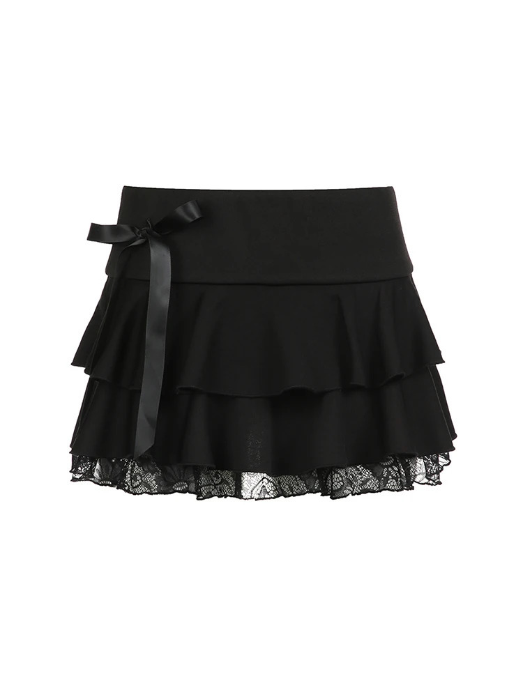 Goth Y2K Black Lace Trim Bow A Line Mini Skirt Women Korean Streetwear 250110