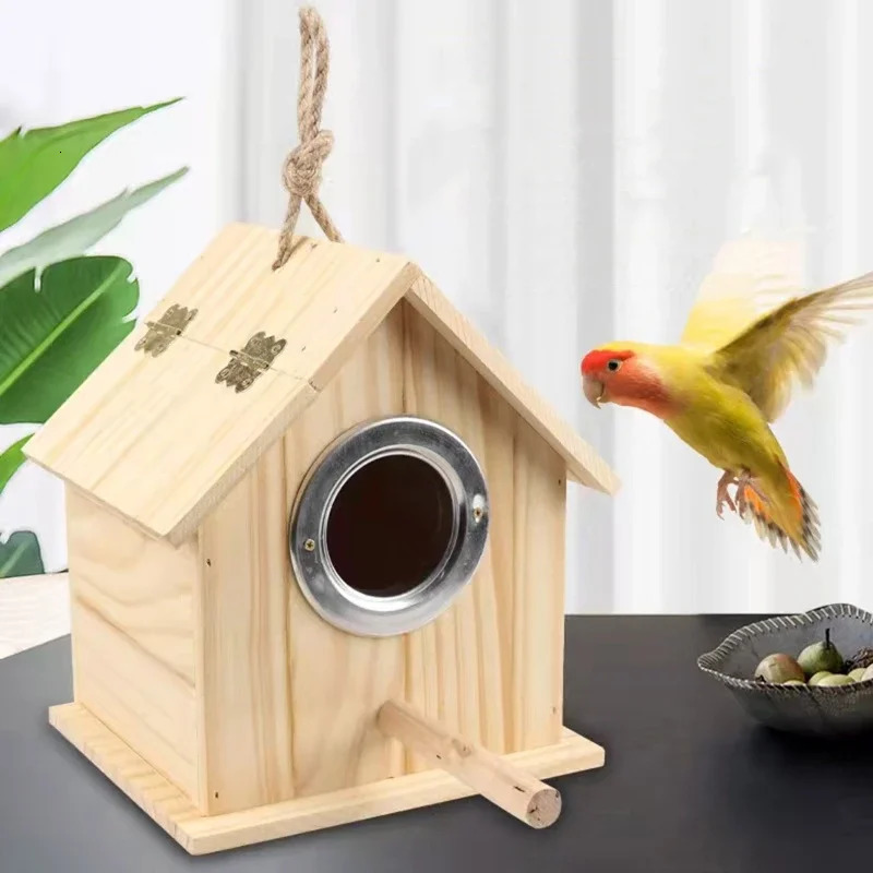 Wooden Bird House with Parakeet Perch Stands Pets Parrots Nesting House for Cage Outside Inside Hanging Nest 2 Sizes 250121