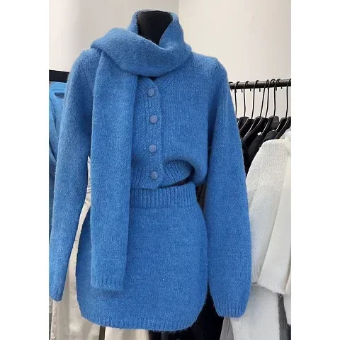 Winter commuting womens set Korean style solid color knitted cardigan short sleeved blue twopiece wear 250122