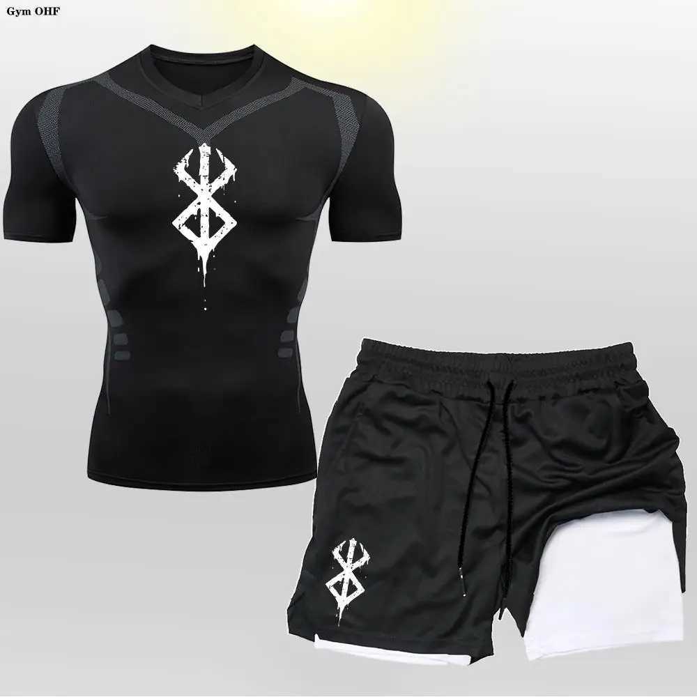 Anime Mens Cycling Sportswear Quick Dry Tight Fitting Sport 2 In 1 Double-Deck Shorts Mens T Shirt Suit Men Gym Running Trained X250129