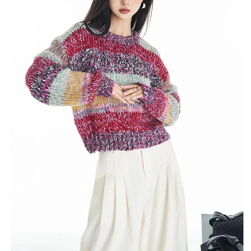 Striped Multi Color Sweater Knitted Crew Neck Jumper Drop Shoulder Rainbow Knitwear AutumnWinter Woman Clothing 250114