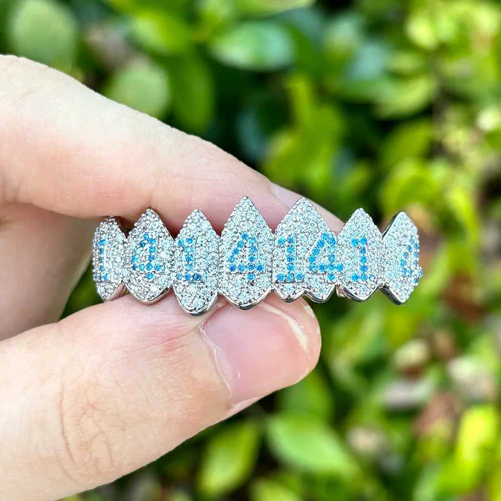 RACHELZ Hip Hop 8/8 Blue Number Zircon Teeth Grillz Top Bottom Fangs Full CZ Stone Tooth Caps For Women Men Body JewelryXJ250114