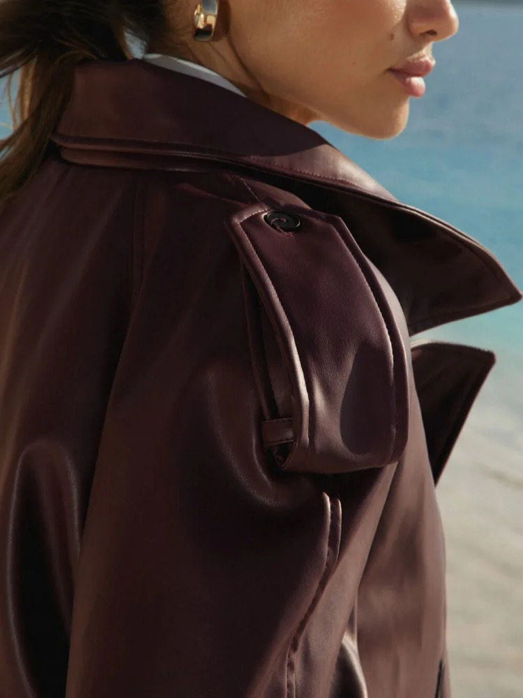 Casual Street Leather Jacket Women Solid Lapel Long Sleeved Belt Crop Female Coats Autumn Y2k Fashion Loose Pu Outwear Lady 250118