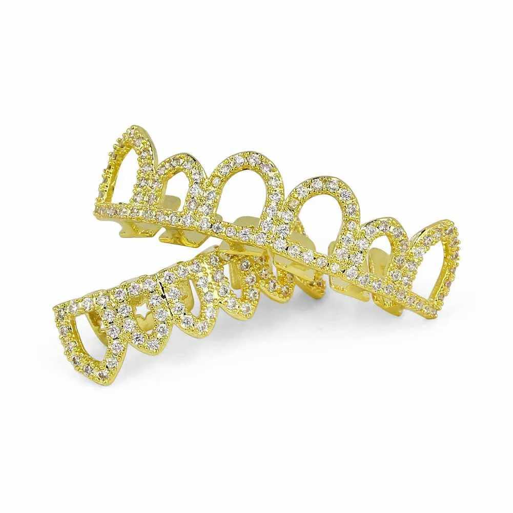 Hollow Teeth Grillz Set For Unisex Top Bottom Iced Out Cubic Zirconia Stone Brass Material Hip Hop Cosply Jewelry For ManXJ250114