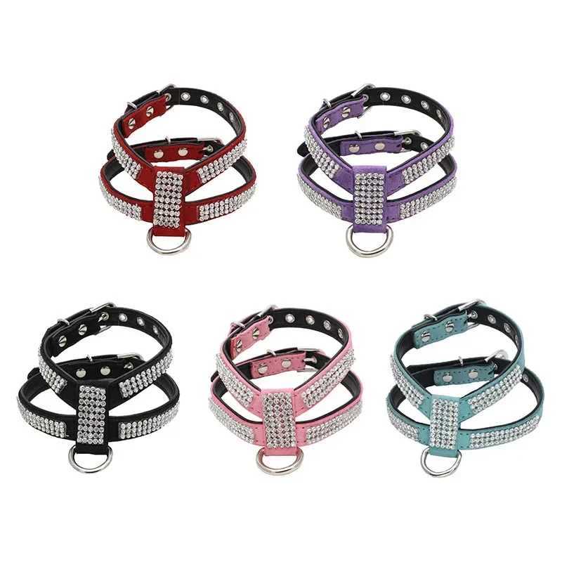 Dog Collar pet chest strap Adjustable Pet Products Necklace Dog Harness Leash Quick Release Bling K-shaped Rhinestone PU Leather X250129