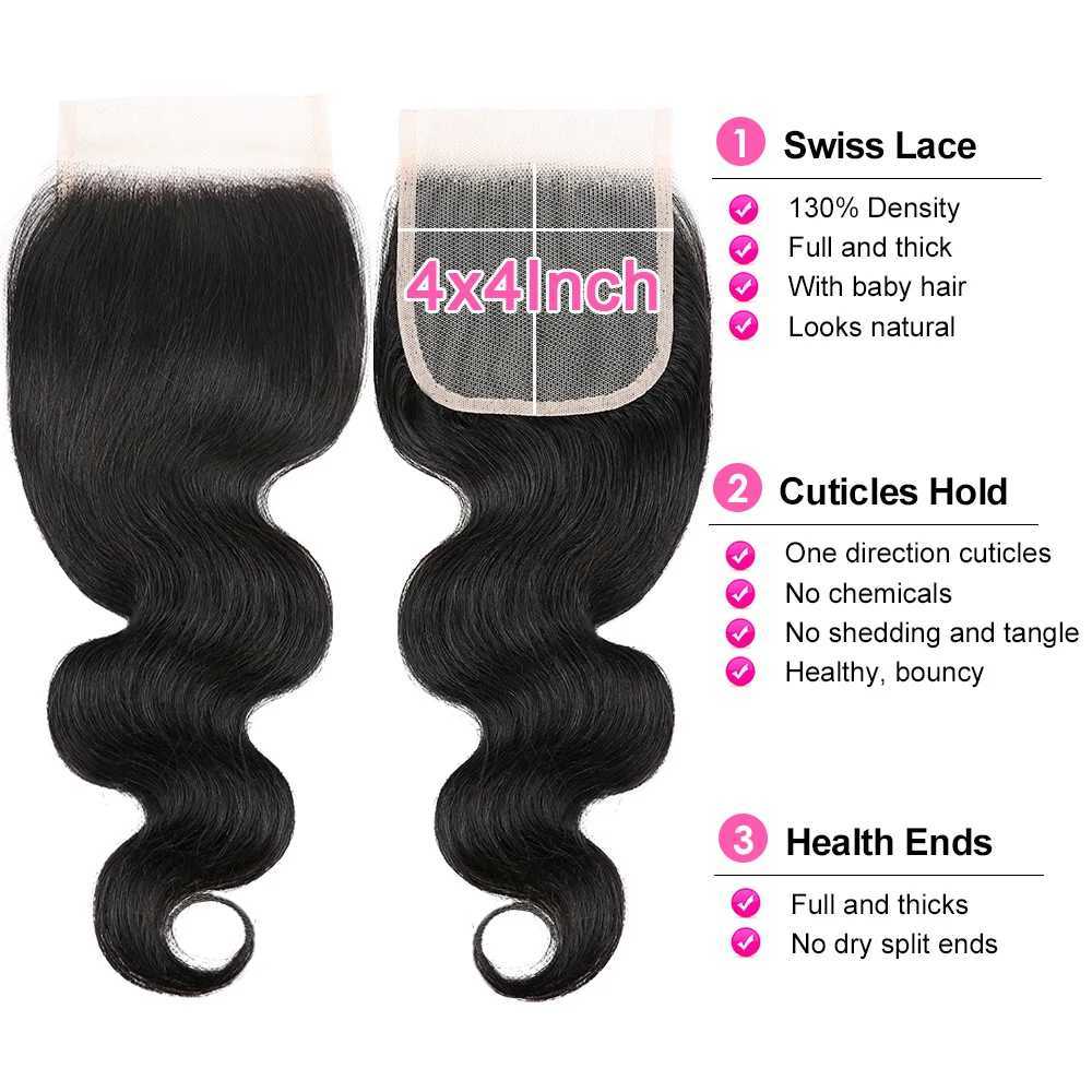 Aircabin Body Wave Bundles With Clo Remy Human Hair Weave Bundles 100% Real Hair Extension 3/4 Bundles With 4x4 Lace CloXJ250120