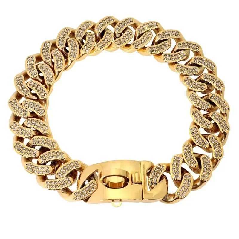 New 32mm Dog Collar Chain Diamond Inlay Sparkle Bulldog Necklace Cat Collars Pet Accessories Small Medium Large Dogs Golden X250129