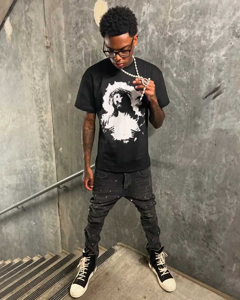 Europe and the United States fashion retro black shirt men y2k street top Harajuku high street couple casual oversized T-shirtXJ250117