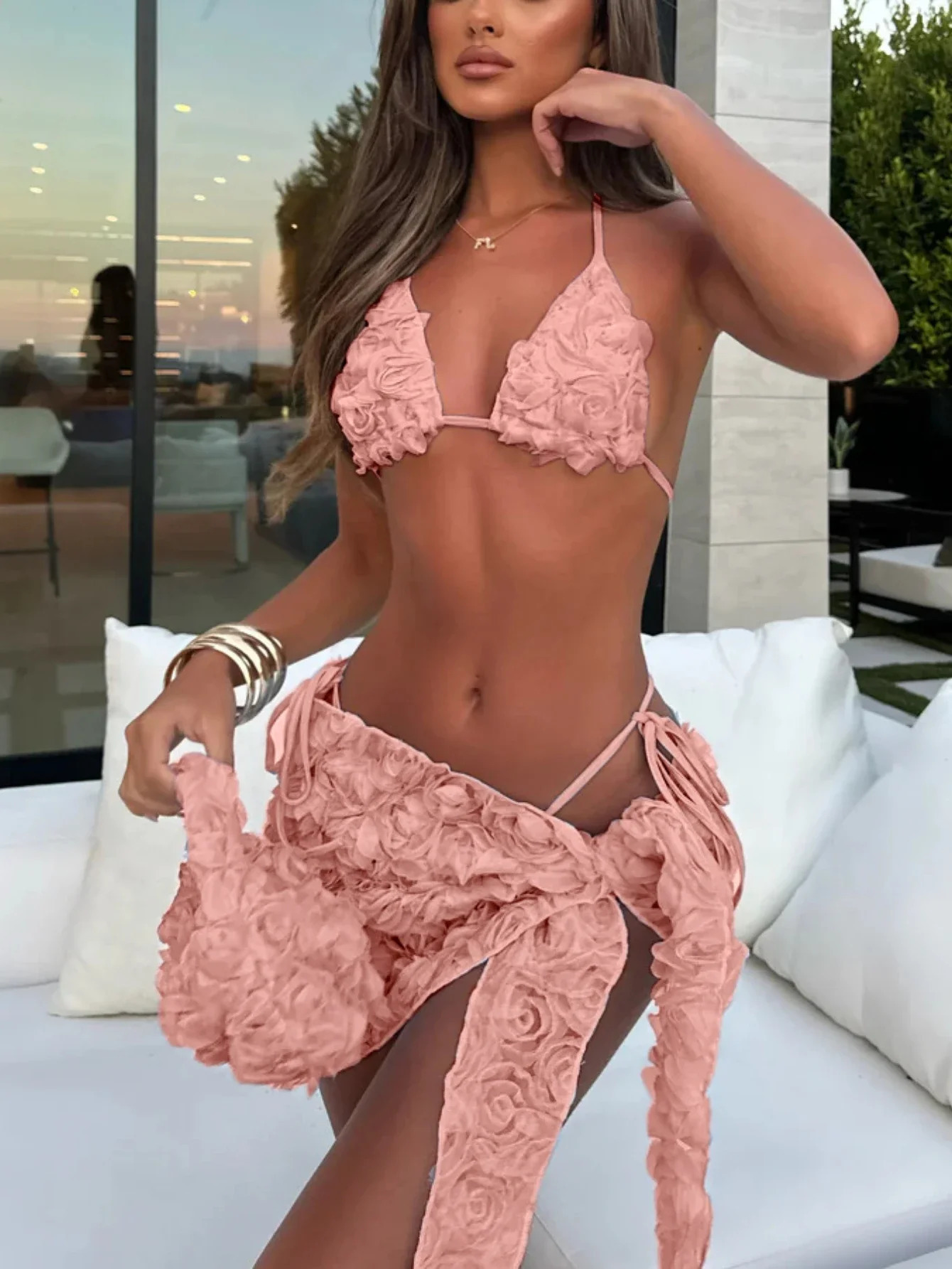 Womens Sexy 3 Piece Bikini Set 3D Flower Beach Skirt Swimsuit Pure Pink Triangle Halter Backless Thong Swimwear Summer 250109