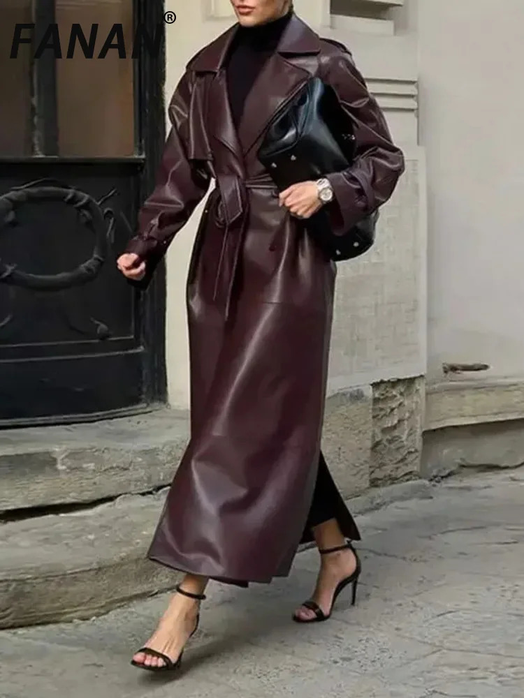 FANAN Womens Fashion Belt Button Pu Leather Jacket Loose Collar Long Sleeve Burgundy Jacket 2025 Spring Business Jackets 250118