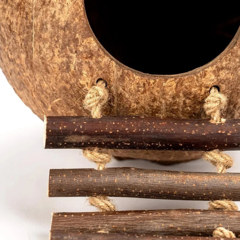 Coconut Birdhouse Hut With Ladder Hemp Rope Roof Natural Material Firm Stable Small Animal Cage Habitat Decoration Pet Supplies 250121