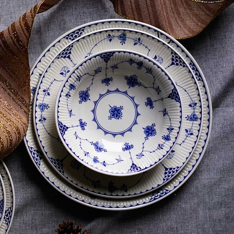 Vintage blue and white ceramic plate set coffee cup dessert rice bowl dinner plate set Instagram celebrity X250129