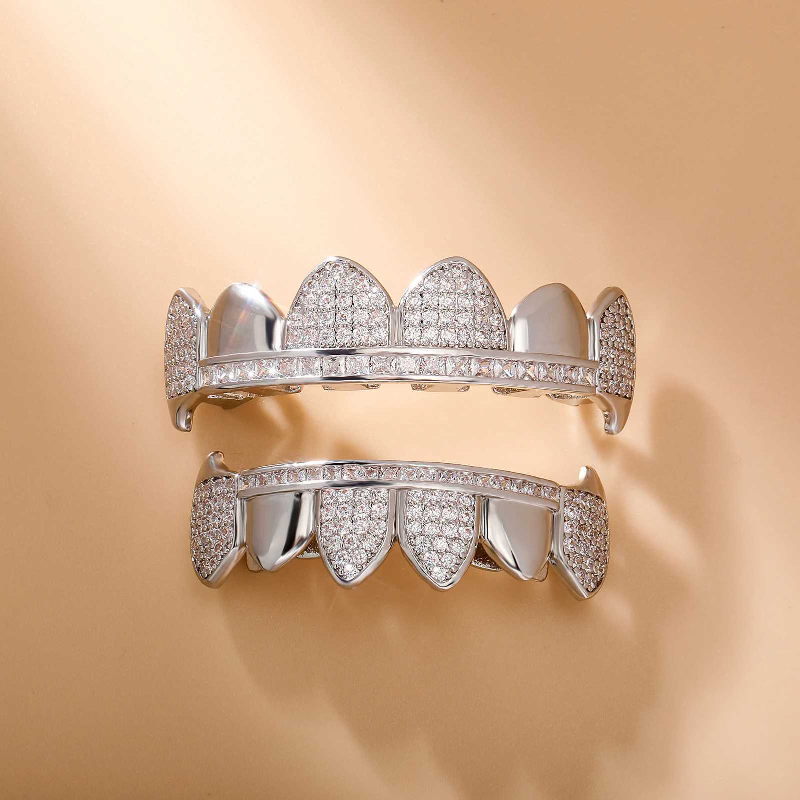 Hip Hop CZ Teeth Grillz Rhinestones Silver Plated Tooth Rapper Jewelry Iced Out Grills For Men WomenXJ250114