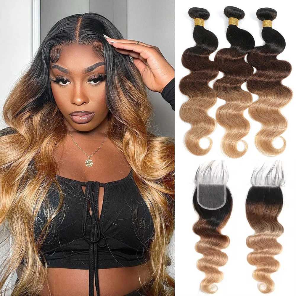 Ombre Color Body Wave Human Hair Bundles with clo Brazilian human hair 1b/4/27 Hair Weave Bundles human Hair ExtensionXJ250120