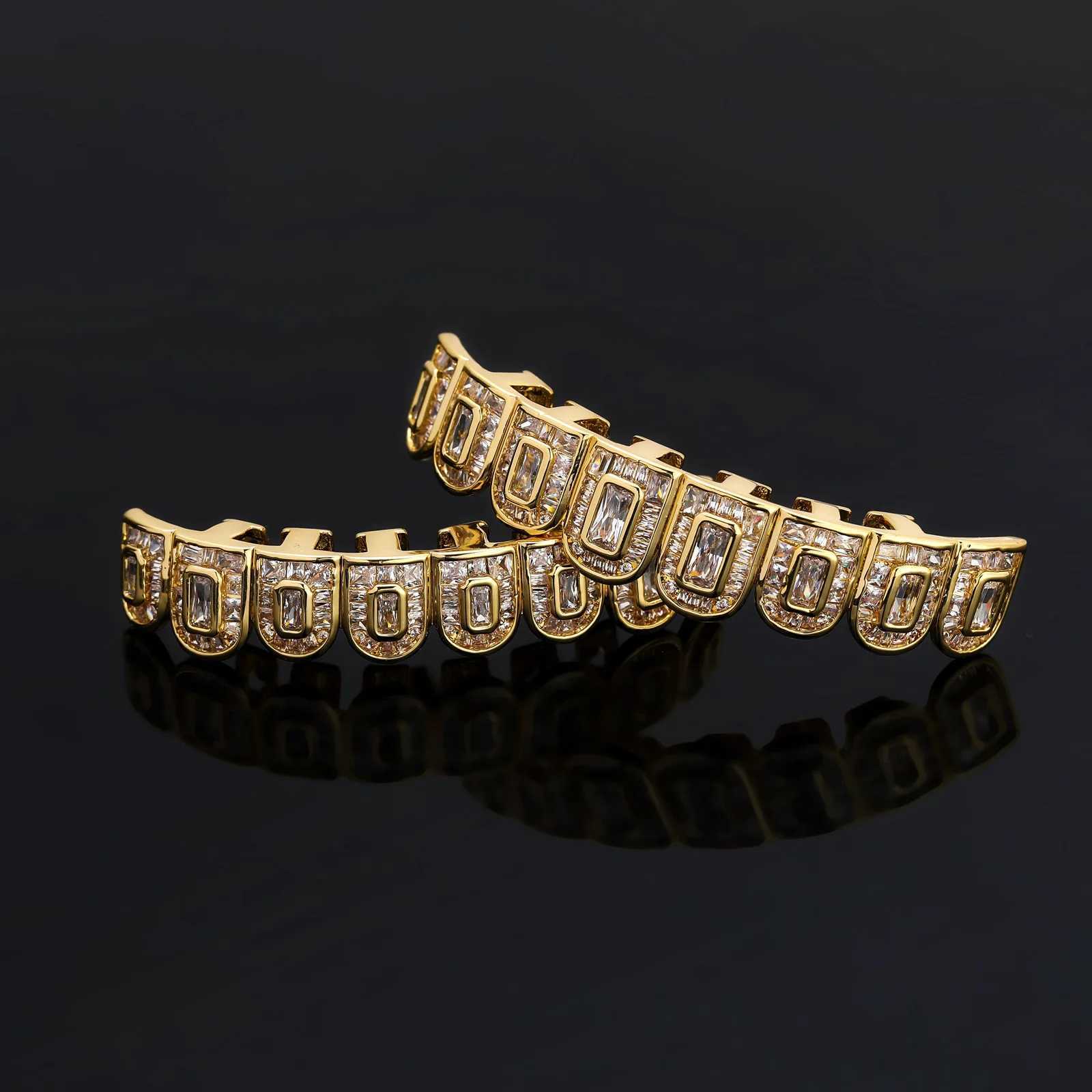 Baguette Stones CZ Teeth Grillz Caps Cubic Zircon Iced Out Micro Pave Top Bottom Charm Grills For Men Women Hip Hop JewelryXJ250114