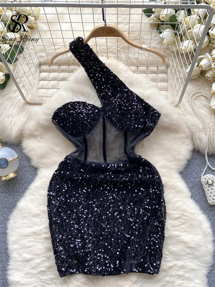 SINGREINY Autumn Bodycon Sexy Dress 2023 Fashion Mesh Sequins n Diagonal Collar Sleeveles Transparent Midi 250121
