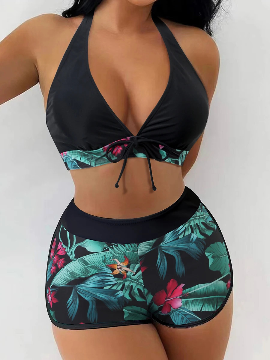 Halter Bikini Set Short Swimsuit Women High Waist Swimwear Female Printed Bathers Swimming Bathing Swim Suit Beachwear 250120