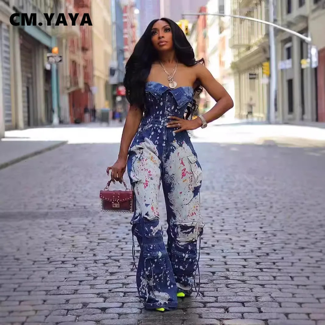 CM.YAYA Women Graffiti Multi Pocket Denim Cargo Safari Wide Leg Straight Jumpsuit Autumn One Piece Suit Romper Playsuits 250109