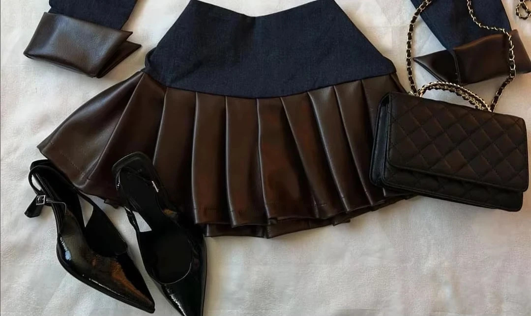 Sexy womens set Gothic fashion leather patch work twopiece clothing girl Harajuku jacket mini 250122