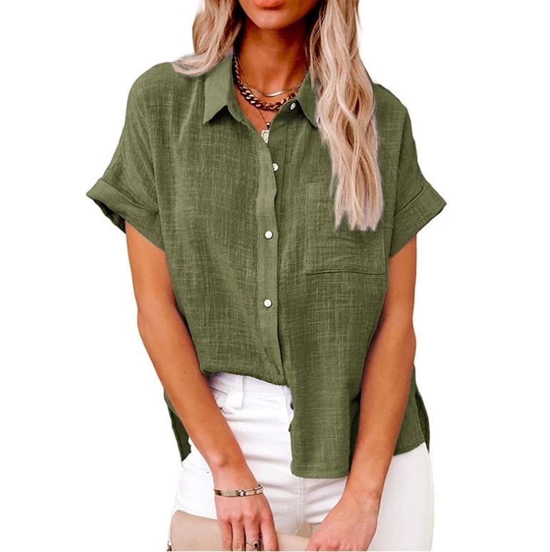Women Pure Color Linen Shirt Short Sleeve Casual Loose Fit Blouse Fresh Sweet Style Polyester Fabric Available In Multiple Sizes 250121
