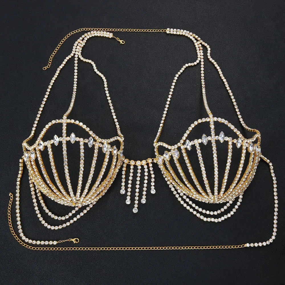 Fashion Bikinis Rhinestone Bra Chain Dress Chest Accessories Nightclub Clothing Festival Crystal Body Jewelry Top for Women 250121