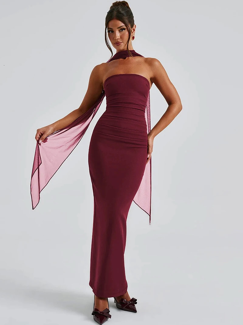 DGLUKE Elegant Strapless Maxi Dresses Woman Ruched Bodycon Backless Long Dress Burgundy Evening Prom Dress With Gloves 250107