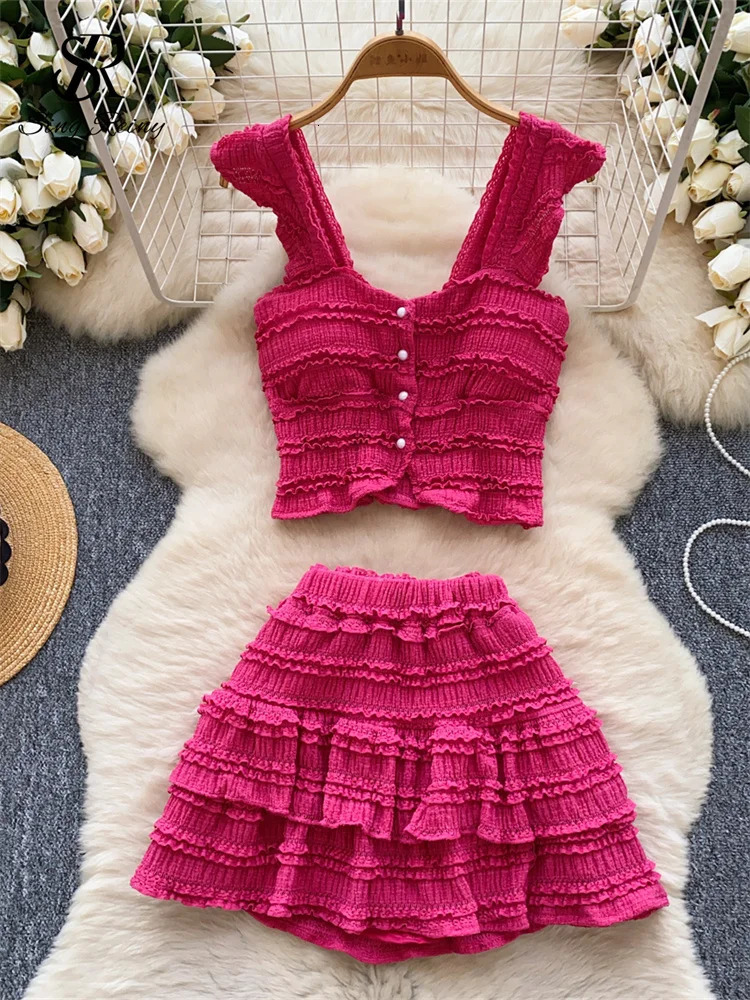 SINGREINY Beachwear sweet Women Suits Strapless Edible Tree Fungus Chic TopsElastic Waist MIni Skirt Vacation Casual Sets 250113