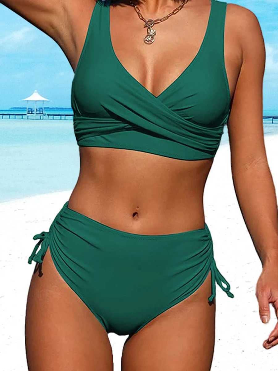 Drstring High Waist Bikini 2023 Women Solid Swimwear Fe Cross Front Swimsuit Padded Beachwear Bather Bathing Swimming SuitXJ250120