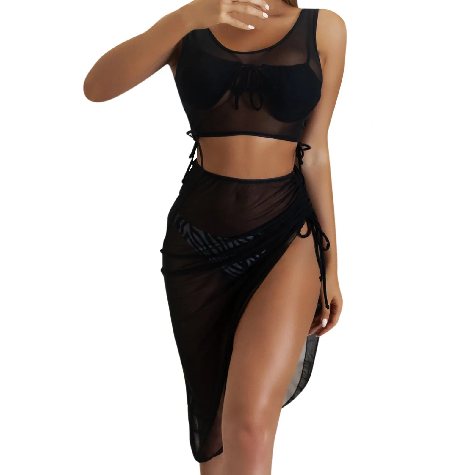Two Piece Set Women Summer Bikini Cover Up Beach Tank Dress Sexy Sleeveless Mesh Transparent Top Skirt Vacation Wear 250120