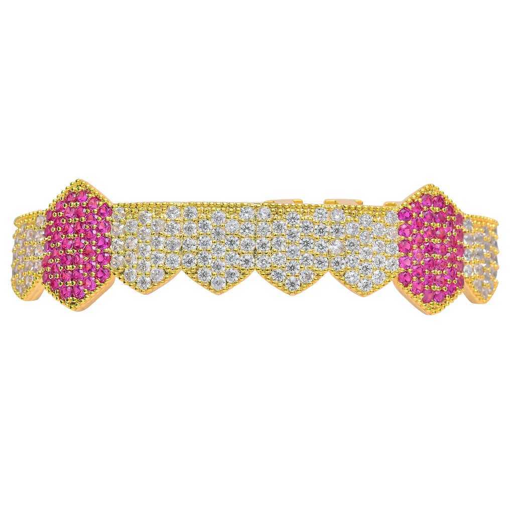 1set Hip Hop Iced Out Teeth Grillz Gold Plated Dental Grills Rock Tooth Grillz Caps Crystal Teeth Caps Halloween Vampire ToothXJ250114