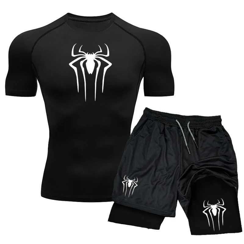 New Compression Set Spider Print Sportwear for Men Quick Dry GYM Shorts+Shirt 2PCS Quick Dry Short Sleeve Training Sport Suit X250129