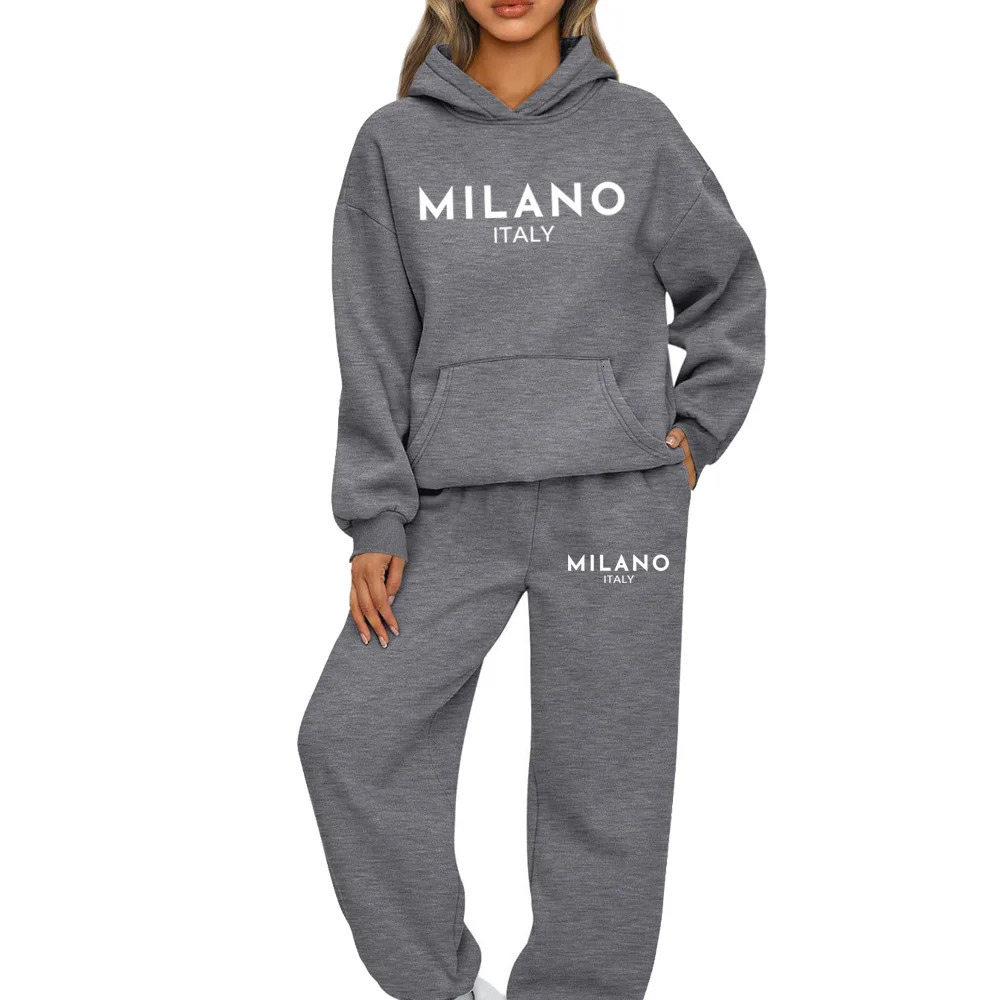 2 Piece Set Women Outfit MILANO Letter Print High Neck Hoodies Sweatshirt Pants Tracksuit Plus Size Streetwear Casual Suit 250122