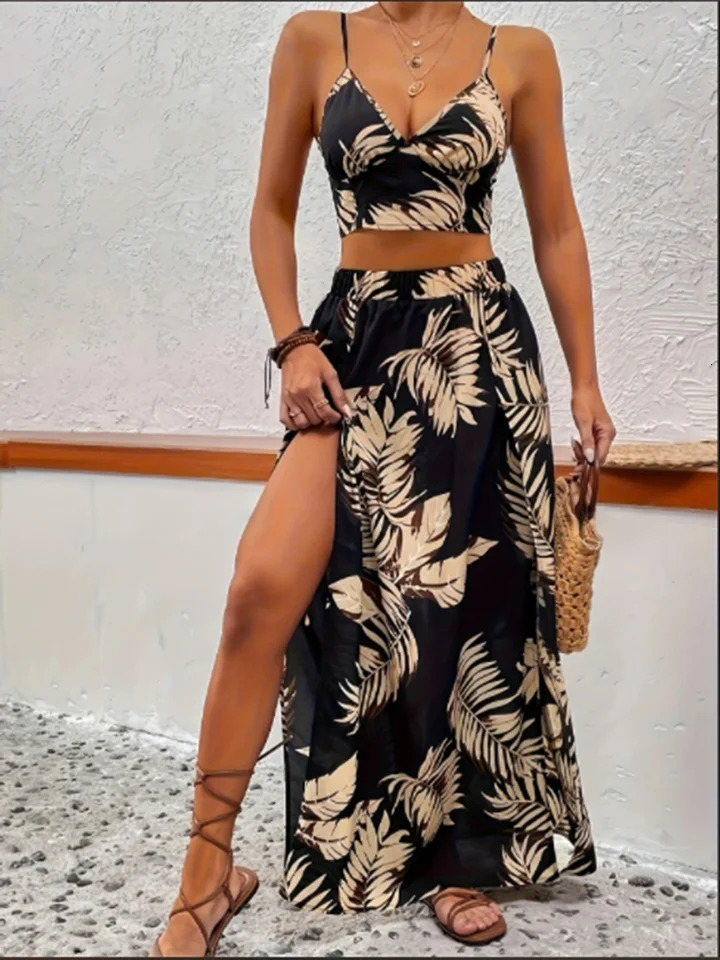 Womens Sleeveless Low Cut VNeck Printed Dress High Slit Sexy Dresses Trendy Half Skirt Set Light Elegant Summer 250122