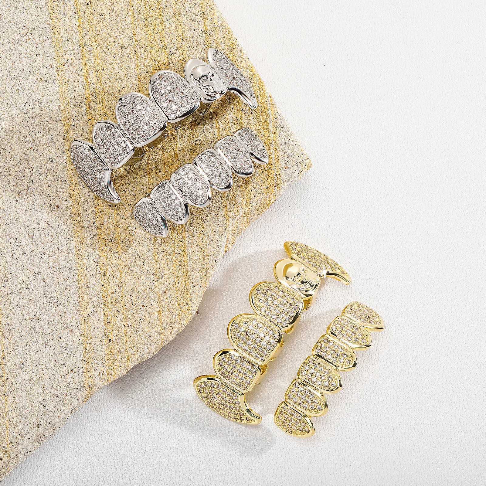 RACHELZ Hip Hop Skull Pattern Fangs Teeth Grillz Gold Plated Shiny Zircon Tooth Cap Decor Dental Grills For Men Women JewelryXJ250114