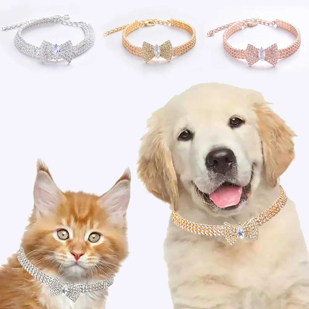 Rhinestones Cat Collar with Bling Bow Charm Shiny Crystal Pet Collar Rhinestone Adjustable Collar Necklace for Small Pet Cat Dog X250129