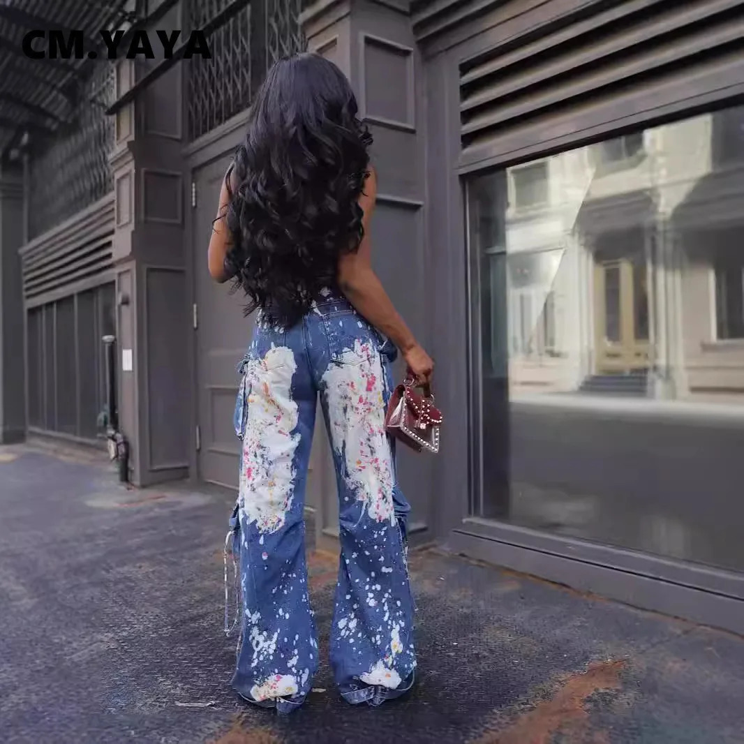 CM.YAYA Women Graffiti Multi Pocket Denim Cargo Safari Wide Leg Straight Jumpsuit Autumn One Piece Suit Romper Playsuits 250109
