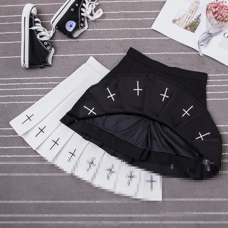 2024 Women Harajuku Sweet Fresh Feeling High Waist Pleated Skirt Elastic Cross Embroidery black skirt 250121