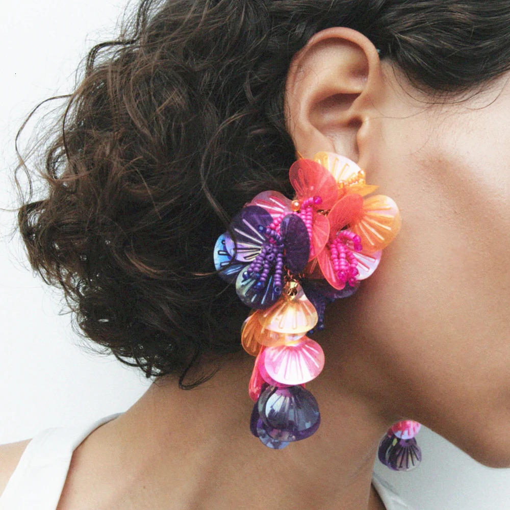Colorful Shiny Large Shell Sequin Flower Tassel Earrings for Women Exaggerated ZA Earrings Holiday Travel Jewelry Pendant Gift 250120