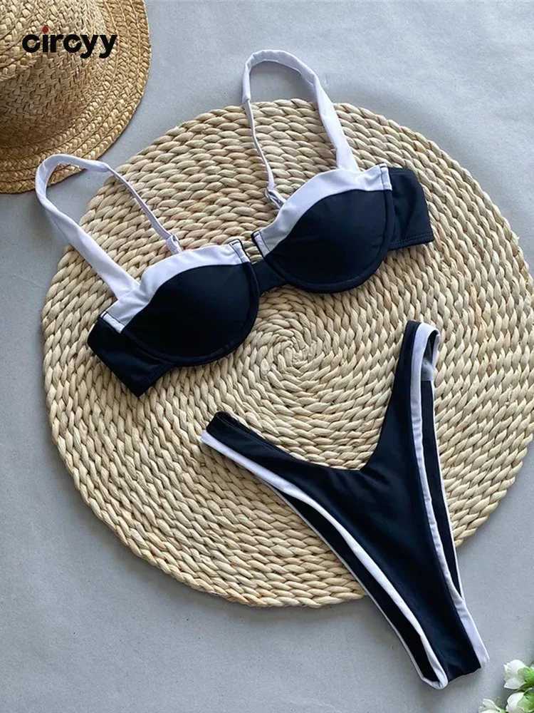 Circyy Swimwear Women Block Color Bikinis Set Black White Contrast Colors Beachwear Summer Two-pieces Bather Sexy Bathing SuitXJ250120