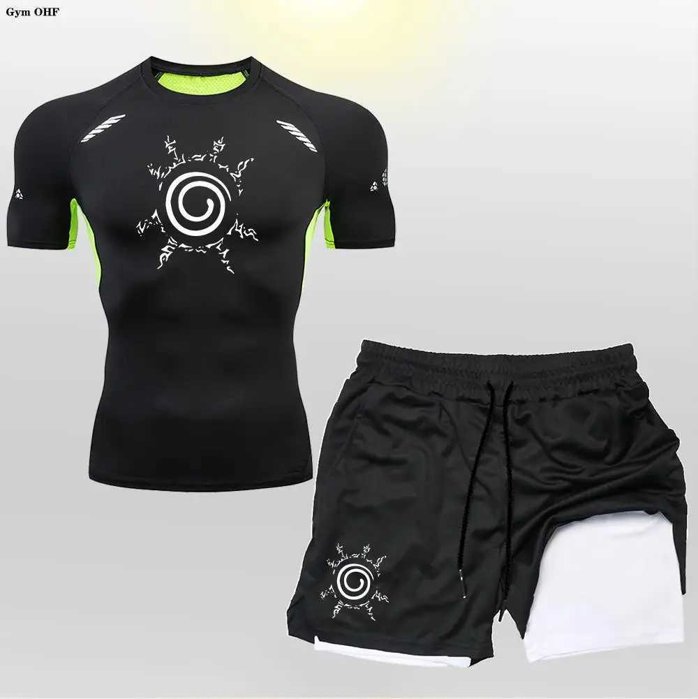 Anime compression shirt mens 2-in-1 shorts fitness gym exercise MMA Rashguard Jujutsu runner training clothing set X250129