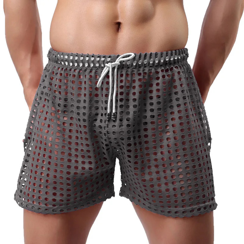 Mens Sexy Big Mesh Hollow Out Boxer Shorts Men Leisure Household Transparent Nets Board Shorts 250117