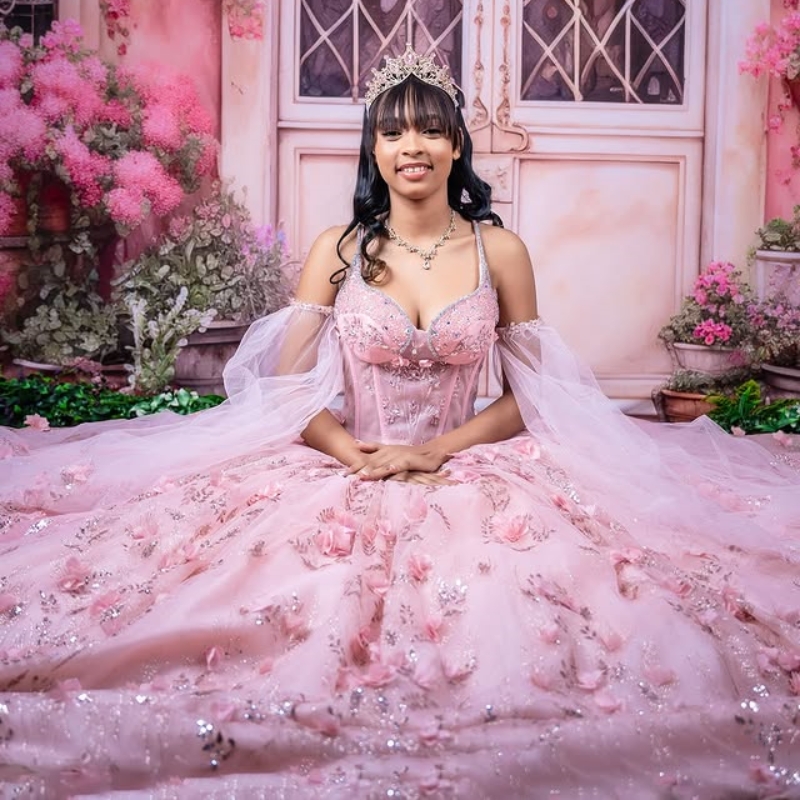 Pink Quinceanera Dresses Ball Gown Off Shoulder Sequin Appliques Lace Flower Beading Crystal Tull Birthday Party Sweet 16 Dress Vestidos 15 Anos