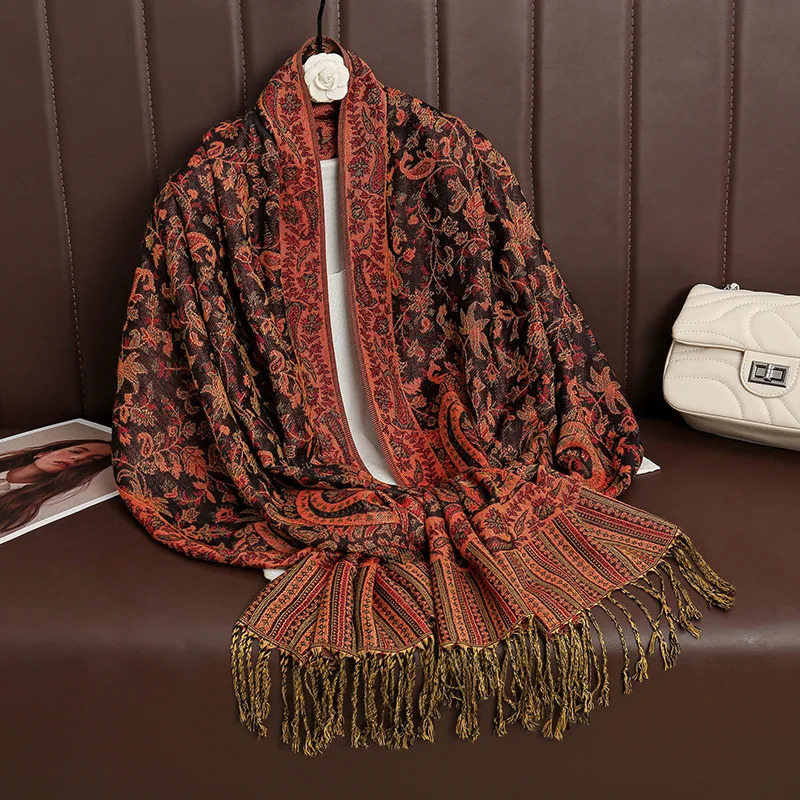 Paisley Pashmina Shawl Scarf Women Jacquard Cashew Printed Scarves Borders Female Tassel Travel Blanket Wraps Ethnic Shawls 250120