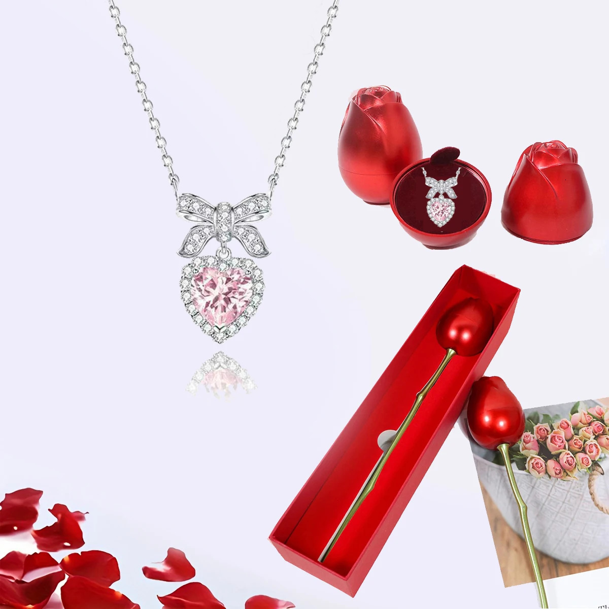 Pink Zircon Heart Bow Pendant Necklace With Rose Flower Gift Box For Wedding Romantic Mothers Day Fashion Jewelry 250117
