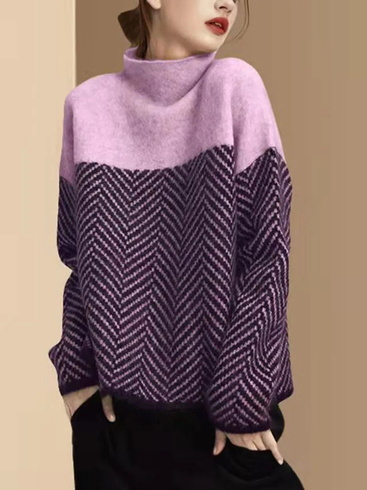 Contrast Color Turtleneck Sweater Women Autumn Winter Fashion Knitwear Long Sleeve Tops All Match Loose Thickened Jumper 250114