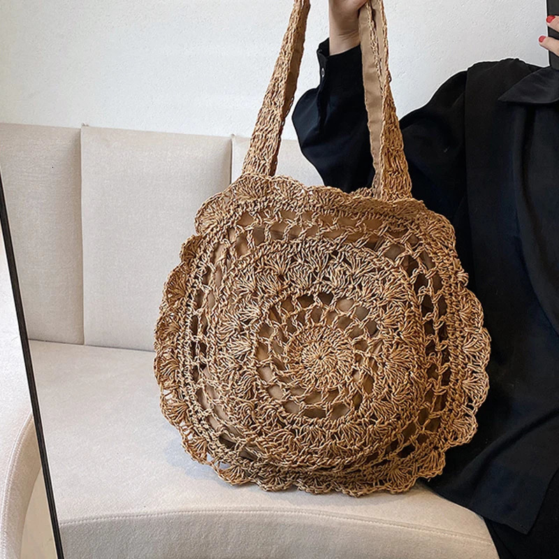 Bohemian Straw Bags for Women Circle Beach Handbags Summer Rattan Shoulder Bags Handmade Knitted Travel Big Bag 250120